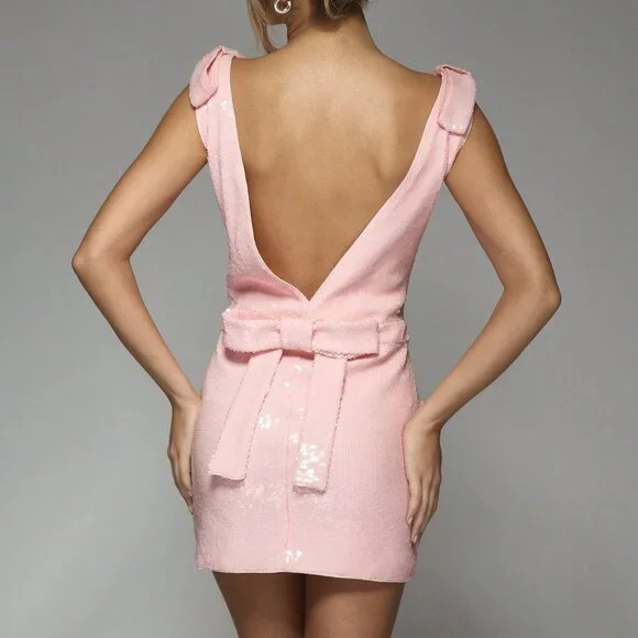 Pink Women's Sequin Bow Detail Sleeveless Plunge Neck Mini Dress
